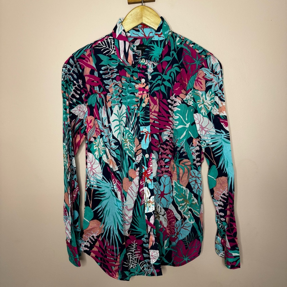 Talbots Classic Jungle Botanical Button Down Shirt Tropical Print Size Small
